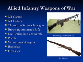 Allied Infantry Weapons of War M1 Garand M1 Carbine Thompson Sub-machine gun Browning Automatic Rifle Lee-Enfield bolt-action rifle Pistols Various machine guns Bazookas Grenades Browning Automatic Rifle M1 Garand 
