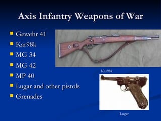 Axis Infantry Weapons of War Gewehr 41 Kar98k MG 34 MG 42 MP 40 Lugar and other pistols Grenades Kar98k Lugar 