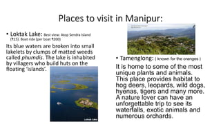 Places to visit in Manipur:
• Loktak Lake: Best view: Atop Sendra Island
(₹15). Boat ride (per boat ₹200)
Its blue waters are broken into small
lakelets by clumps of matted weeds
called phumdis. The lake is inhabited
by villagers who build huts on the
floating ‘islands’.
• Tamenglong: ( known for the oranges )
It is home to some of the most
unique plants and animals.
This place provides habitat to
hog deers, leopards, wild dogs,
hyenas, tigers and many more.
A nature lover can have an
unforgettable trip to see its
waterfalls, exotic animals and
numerous orchards.
 