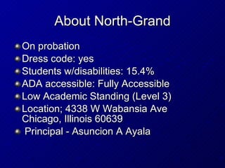 About North-Grand On probation Dress code: yes Students w/disabilities: 15.4% ADA accessible: Fully Accessible Low Academic Standing (Level 3) Location; 4338 W Wabansia Ave Chicago, Illinois 60639  Principal - Asuncion A Ayala   
