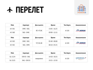 ПЕРЕЛЕТ
Рейс Аэропорт Дни вылета Время Тип борта Авиакомпания
A3 581 DME - SKG
ВТ, ЧТ, ВС
13:05 - 16:25
A-320
A3 580 SKG - DME 09:00 - 12:15
Рейс Аэропорт Дни вылета Время Тип борта Авиакомпания
A3 583 DME - SKG
ЧТ, СБ, ВС
05:40 - 08:00
A-320
A3 582 SKG - DME 00:10 - 03:25
Рейс Аэропорт Дни вылета Время Тип борта Авиакомпания
SU 2124 SVO-D - SKG
ежедневно
14:50 - 18:25
A-320
SU 2125 SKG - SVO-D 19:25 - 22:50
 
