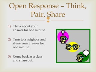 Open Response – Think,
Pair, Share

1) Think about your
answer for one minute.
2) Turn to a neighbor and
share your answer for
one minute.
3) Come back as a class
and share out.

 