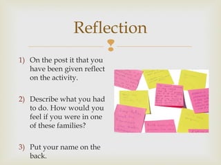Reflection

1) On the post it that you
have been given reflect
on the activity.
2) Describe what you had
to do. How would you
feel if you were in one
of these families?
3) Put your name on the
back.

 