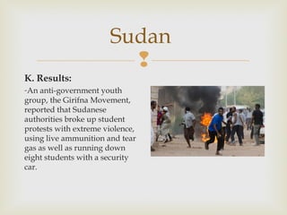 Sudan

K. Results:
-An anti-government youth
group, the Girifna Movement,
reported that Sudanese
authorities broke up student
protests with extreme violence,
using live ammunition and tear
gas as well as running down
eight students with a security
car.

 