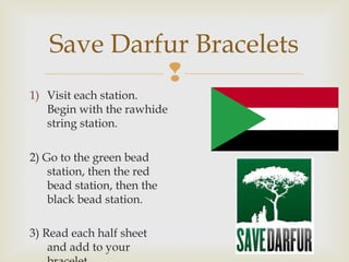 Save Darfur Bracelets

1) Visit each station.
Begin with the rawhide
string station.
2) Go to the green bead
station, then the red
bead station, then the
black bead station.
3) Read each half sheet
and add to your

 