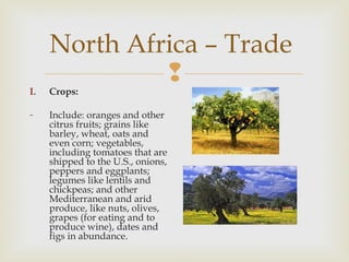 North Africa – Trade


I.

Crops:

-

Include: oranges and other
citrus fruits; grains like
barley, wheat, oats and
even corn; vegetables,
including tomatoes that are
shipped to the U.S., onions,
peppers and eggplants;
legumes like lentils and
chickpeas; and other
Mediterranean and arid
produce, like nuts, olives,
grapes (for eating and to
produce wine), dates and
figs in abundance.

 