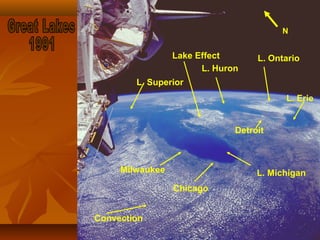 N

Lake Effect
L. Huron

L. Ontario

L. Superior
L. Erie
Detroit

Milwaukee

L. Michigan
Chicago

Convection

 