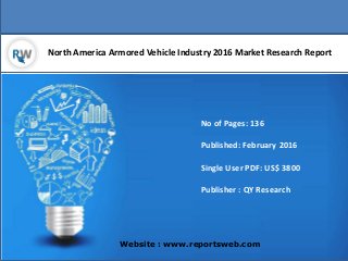 North America Armored Vehicle Industry 2016 Market Research Report
Website : www.reportsweb.com
No of Pages: 136
Published: February 2016
Single User PDF: US$ 3800
Publisher : QY Research
 