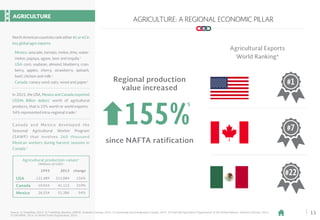 11Source: 1) TradeMap, 2015. 2) TradeMap, Banxico, USDOC, Statistics Canada, 2015. 3) Citizenship and Immigration Canada, 2015. 4) Food and Agriculture Organization of the United Nations, Statistics Division, 2014.
5) SAGARPA, 2016. 6) World Trade Organization, 2014.
AGRICULTURE: A REGIONAL ECONOMIC PILLAR
Regional production
value increased
since NAFTA ratification
Agricultural Exports
World Ranking6
#1
#7
#22
155%5
AGRICULTURE
1993 2013 change
USA 121,489 311,084 156%
Canada 10,016 41,112 310%
Mexico 26,554 51,386 94%
Agricultural production values4
(Millions of USD)
NorthAmericancountriesrankeither#1or#2in
key global agro exports:
Mexico: avocado, tomato, melon, lime, water-
melon, papaya, agave, beer and tequila.1
USA: corn, soybean, almond, blueberry, cran-
berry, apples, cherry, strawberry, spinach,
beef, chicken and milk.1
Canada: canary seed, oats, wood and paper.1
In 2015, the USA, Mexico and Canada exported
US$96 Billion dollars’ worth of agricultural
products, that is 23% worth or world exports:
54% represented intra-regional trade.2
Canada and Mexico developed the
Seasonal Agricultural Worker Program
(SAWP) that involves 260 thousand
Mexican workers during harvest seasons in
Canada.3
 