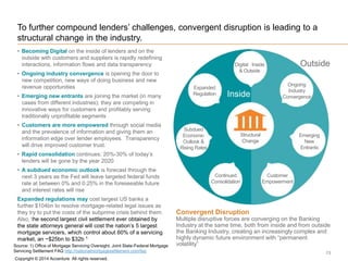 To further compound lenders‟ challenges, convergent disruption is leading to a
structural change in the industry.
• Becomi...
