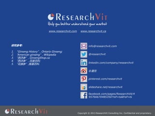 www.researchvit.com

оο:

1.
2.
3.
4.
5.

Ginseng History, Ontario Ginseng;
American ginseng, Wikipedia
Ρ, GinsengShop.ca;
Ρ, ٶȰٿ;
Ρ,άٿ.

www.researchvit.ca

info@researchvit.com
@researchvit
linkedin.com/company/researchvit
@
pinterest.com/researchvit
slideshare.net/researchvit
facebook.com/pages/ResearchVit/4
95766670485350?ref=ts&fref=ts

Copyright ? 2013 ResearchVit Consulting Inc. Confidential and proprietary.

 