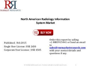 North American Radiology Information
System Market
Published: Feb 2015
Single User License: US$ 2650
Corporate User License : US$ 4505
Order this report by calling
+1 8883915441 or Send an email
to
sales@rnrmarketresearch.com
with your contact details and
questions if any.
1© RnRMarketResearch.com / Contact sales@rnrmarketresearch.com
 