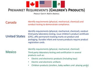 PREMARKET REQUIREMENTS (CHILDREN’S PRODUCTS) 
PRODUCT SAFETY: NORTH AMERICA 
Canada 
United States 
Mexico 
Identify requirements (physical, mechanical, chemical) and 
conduct testing to demonstrate compliance. 
Identify requirements (physical, mechanical, chemical), conduct 
third party laboratory testing, issue children’s product certificate 
(CPC), affix permanent tracking marks on product and 
packaging. Durable infant and nursery products require product 
registration cards. 
Identify requirements (physical, mechanical, chemical) 
Third party laboratory testing and certification in several 
products such as: 
• Electric and electronics products (including toys) 
• Electric and electronic artifacts 
• Children products (strollers, baby walkers and playing yards) 
15 
 