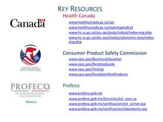 KEY RESOURCES 
Health Canada 
www.healthcanada.gc.ca/cps 
www.healthcanada.gc.ca/reportaproduct 
www.hc-sc.gc.ca/cps-spc/pubs/indust/index-eng.php 
www.hc-sc.gc.ca/ahc-asc/media/advisories-avis/index-eng. 
php 
Consumer Product Safety Commission 
www.cpsc.gov/BusinessEducation 
www.cpsc.gov/DesktopGuide 
www.cpsc.gov/Testing 
www.cpsc.gov/DurableInfantProducts 
Profeco 
www.profeco.gob.mx 
www.profeco.gob.mx/Servicios/tel_cons.as 
www.profeco.gob.mx/verificacion/est_comer.asp 
www.profeco.gob.mx/verificacion/laboratorio.asp 
Mexico 
 