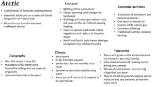 Arctic

Concerns

• Combination of lowlands and mountains
• Lowlands are found un a series of islands
lying north of Hudson bay

• Mountain are found in extreme
northwest border

Topography
• Near the ocean is very flat
• Mountains of far north were
formed by folding and are covered
by glaciers
• Immense lowlands in the west

•
•
•
•

•

• Melting of the permafrost
• Global warming cold change the
landscape
• Buildings and roads put warmth and
pressure on the permafrost causing
melting
• Invasive species push aside native
vegetation and reduce of the plant
cover
• North and South pole means stronger
ultraviolet rays will harm tundra
Climate
•
Very severe
Its far from the equator
•
Winter lasts for ten months in far
north
Summer is very short and not very •
warm
Some parts of the arctic is covered in •
ice year round

Economic Activities
•
•
•
•
•

Extraction of petroleum and
mineral resources
One tenth of worlds oil
Quarter of its natural gas
Commercial fishing
Traditional hunting, reindeer
herding

Vegetation
Trees can’t grow on the tundra because
the climate is too cold and dry
Only small amounts of thawing occurs
during the summer
Mosses,shrubs,lichens , are the only
things that can grow
They’re attach to ground, soaking up the
moisture and tiny amounts of warmth
that’s there

 