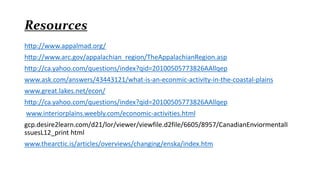 Resources
http://www.appalmad.org/
http://www.arc.gov/appalachian_region/TheAppalachianRegion.asp

http://ca.yahoo.com/questions/index?qid=20100505773826AAllqep
www.ask.com/answers/43443121/what-is-an-econmic-activity-in-the-coastal-plains
www.great.lakes.net/econ/
http://ca.yahoo.com/questions/index?qid=20100505773826AAllqep
www.interiorplains.weebly.com/economic-activities.html
gcp.desire2learn.com/d21/lor/viewer/viewfile.d2file/6605/8957/CanadianEnviormentalI
ssuesL12_print html
www.thearctic.is/articles/overviews/changing/enska/index.htm

 