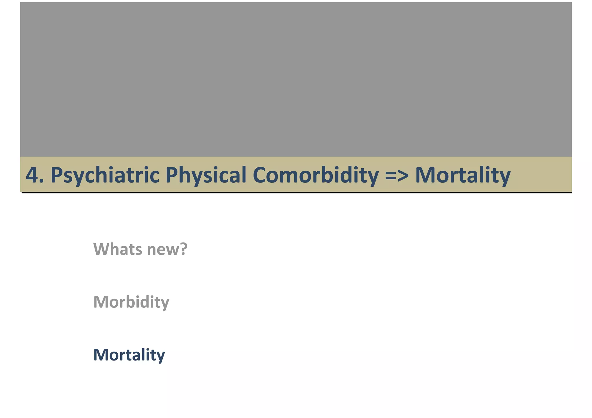 4. Psychiatric Physical Comorbidity => Mortality

      Whats new?

      Morbidity 

      Mortality
 