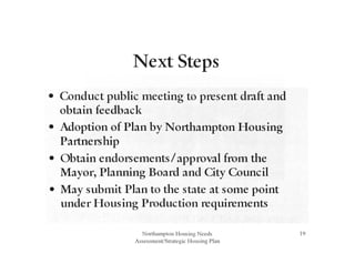 Next Steps
• Conduct public meeting to present draft and
obtain feedback
• Adoption of Plan by Northampton Housing
Partnership
• Obtain endorsements/approval from the
Mayor, Planning Board and City Council
• May submit Plan to the state at some point
under Housing Production requirements
Northampton Housing Needs
Assessment/Strategic Housing Plan
19
 