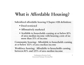 What is Mfordable Housing?
Subsidized affordable housing/Chapter 40B definition:
• Deed restricted
• Mfirmatively marketed
• Available to households earning at or below 80°/o
of area median income with housing costs of no
more than 30°/o of income
Community housing: Mfordable to households earning
at or below 100°/o of area median income
Workforce housing: Mfordable to households earning
between 80°/o and 120°/o of area median income
Northampton Ilousing Needs
Assessment/Strategic Ilousing Plan
5
 