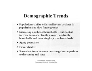 Demographic Trends
• Population stability with small recent declines in
population and slow fttture growth
• Increasing number of households -- substantial
increase in smaller families, more non-family
households and more single-person households
• Aging population
• Fewer children
• Somewhat lower incomes on average in comparison
to the county and state
Northampton Housing Needs
Assessment/Strategic Housing Plan
7
 