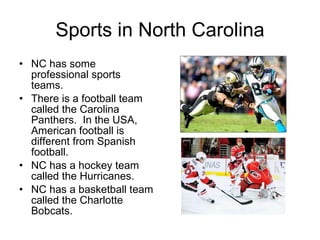 Sports in North Carolina NC has some professional sports teams.  There is a football team called the Carolina Panthers.  In the USA, American football is different from Spanish football. NC has a hockey team called the Hurricanes. NC has a basketball team called the Charlotte Bobcats.  