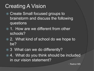 Creating A Vision
 Create Small focused groups to
brainstorm and discuss the following
questions
 1. How are we different from other
schools?
 2. What kind of school do we hope to
be?
 3 What can we do differently?
 4. What do you think should be included
in our vision statement?
• Radnor MS
 