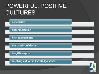 POWERFUL, POSITIVE
CULTURES
collegiality
experimentation
high expectations
trust and confidence
tangible support
reaching out to the knowledge bases
 