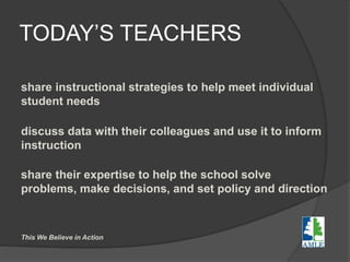 TODAY’S TEACHERS
share instructional strategies to help meet individual
student needs
discuss data with their colleagues and use it to inform
instruction
share their expertise to help the school solve
problems, make decisions, and set policy and direction
This We Believe in Action
 