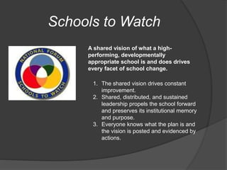 Schools to Watch
A shared vision of what a high-
performing, developmentally
appropriate school is and does drives
every facet of school change.
1. The shared vision drives constant
improvement.
2. Shared, distributed, and sustained
leadership propels the school forward
and preserves its institutional memory
and purpose.
3. Everyone knows what the plan is and
the vision is posted and evidenced by
actions.
 
