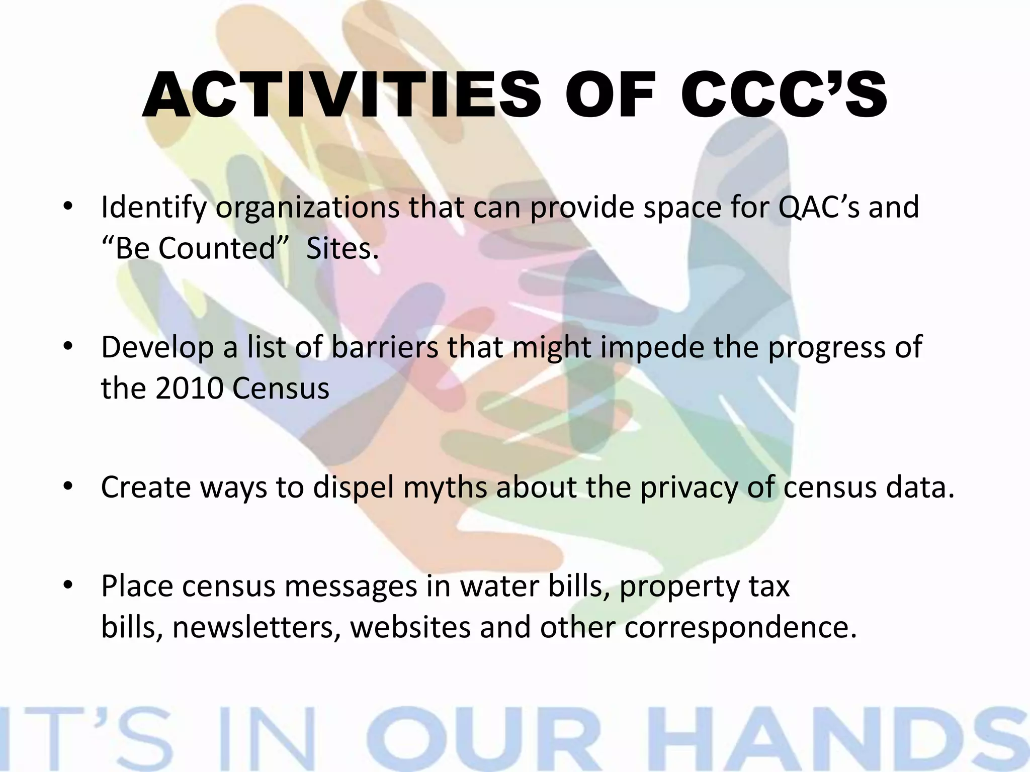 HOW IS IT USED?Determines congressional seats.Defines where jobs and job programs are needed.Helps potential homeowners research property values and other demographic information.Corporations use data for market research to determine locations for food stores, pharmacies and other services. 