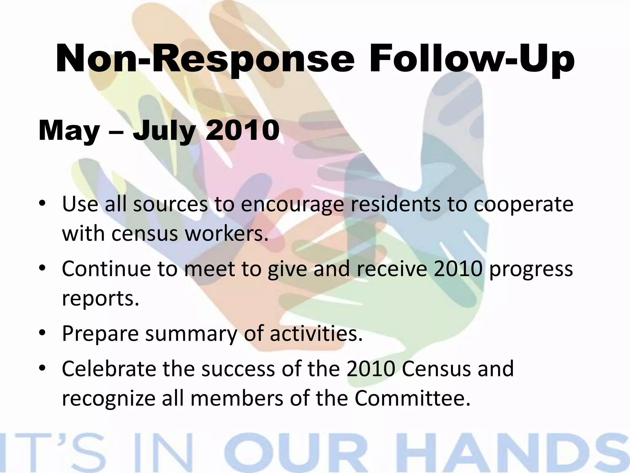 ACTIVITIES OF CCCEncourage corporations to become official sponsors of your census activities.Have census banners, posters, and other signage placed in highly visible public locations.Sponsor census booths at county fairs, carnivals and festivals (especially cultural and ethnic celebrations).