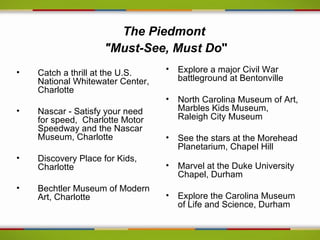 The Piedmont
                    "Must-See, Must Do"
•   Catch a thrill at the U.S.    •   Explore a major Civil War
    National Whitewater Center,       battleground at Bentonville
    Charlotte
                                  •   North Carolina Museum of Art,
•   Nascar - Satisfy your need        Marbles Kids Museum,
    for speed, Charlotte Motor        Raleigh City Museum
    Speedway and the Nascar
    Museum, Charlotte             •   See the stars at the Morehead
                                      Planetarium, Chapel Hill
•   Discovery Place for Kids,
    Charlotte                     •   Marvel at the Duke University
                                      Chapel, Durham
•   Bechtler Museum of Modern
    Art, Charlotte                •   Explore the Carolina Museum
                                      of Life and Science, Durham
 