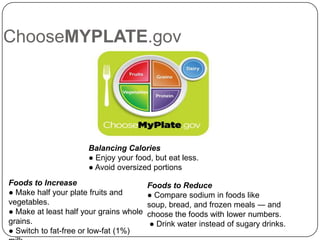 ChooseMYPLATE.gov




                      Balancing Calories
                      ● Enjoy your food, but eat less.
                      ● Avoid oversized portions
Foods to Increase                        Foods to Reduce
● Make half your plate fruits and        ● Compare sodium in foods like
vegetables.                              soup, bread, and frozen meals ― and
● Make at least half your grains whole   choose the foods with lower numbers.
grains.                                   ● Drink water instead of sugary drinks.
● Switch to fat-free or low-fat (1%)
 