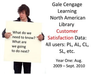 Gale Cengage Learning  North American Library  Customer Satisfaction  Data: All users: PL, AL, CL, SL, etc. Year One: Aug. 2009 – Sept. 2010 What do we  need to know? What are  we going  to do next?  
