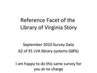 Reference Facet of the  Library of Virginia Story September 2010 Survey   Data 62 of 91 LVA library systems (68%) I am happy to do this same survey for you at no charge 