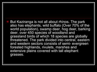 But Kaziranga is not all about rhinos. The park also has elephants, wild buffalo (Over 70% of the world population), swamp deer, hog deer, barking deer, over 450 species of woodland and grassland birds of which 18 species are globally threatened. The park divided into central, eastern and western sectors consists of semi- evergreen forested highlands, rivulets, marshes and extensive plains covered with tall elephant grasses. 