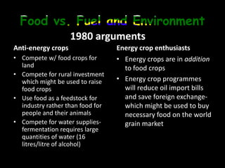 Food vs. Fuel and EnvironmentAnti-energy cropsCompete w/ food crops for landCompete for rural investment which might be used to raise food cropsUse food as a feedstock for industry rather than food for people and their animalsCompete for water supplies-fermentation requires large quantities of water (16 litres/litre of alcohol)Energy crop enthusiastsEnergy crops are in addition to food cropsEnergy crop programmes will reduce oil import bills and save foreign exchange- which might be used to buy necessary food on the world grain market1980 arguments 
