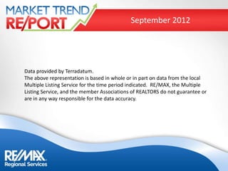 September 2012




Data provided by Terradatum.
The above representation is based in whole or in part on data from the local
Multiple Listing Service for the time period indicated. RE/MAX, the Multiple
Listing Service, and the member Associations of REALTORS do not guarantee or
are in any way responsible for the data accuracy.
 