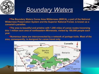 Boundary Waters The Boundary Waters Canoe Area Wilderness (BWCA), a part of the National Wilderness Preservation System and the Superior National Forest,   is known as a canoeist's paradise.   The area is beautiful and pristine with 1,200 miles of canoe routes traversing this 1 million acre area of northeastern Minnesota, visited by 180,000 people each year.  Numerous lakes are interconnected by a network of portage trails. Most of the area, consequently, is designed for canoe travel only. 