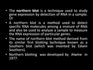 • The northern blot is a technique used to study
gene expression by detection of RNA in a sample.
Or
• A northern blot is a method used to detect
specific RNA molecules among a mixture of RNA
and also be used to analyze a sample to measure
the RNA expression of particular genes.
• The name of northern blot method derived from
its similar first blotting technique known as a
Southern blot (which was invented by Edwin
Southern).
• Northern blotting was developed by Alwine in
1977.
 