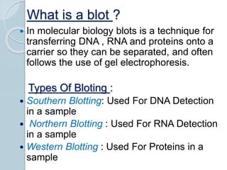 What is a blot ?
 In molecular biology blots is a technique for
transferring DNA , RNA and proteins onto a
carrier so they can be separated, and often
follows the use of gel electrophoresis.
Types Of Bloting :
 Southern Blotting: Used For DNA Detection
in a sample
 Northern Blotting : Used For RNA Detection
in a sample
 Western Blotting : Used For Proteins in a
sample
 