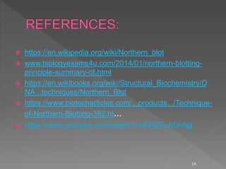  https://en.wikipedia.org/wiki/Northern_blot
 www.biologyexams4u.com/2014/01/northern-blotting-
principle-summary-of.html
 https://en.wikibooks.org/wiki/Structural_Biochemistry/D
NA...techniques/Northern_Blot
 https://www.biotecharticles.com/...products.../Technique-
of-Northern-Blotting-382.ht...
 https://www.youtube.com/watch?v=KfHZFyADnNg
14
 