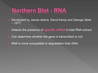  Developed by James alwine, David Kemp and George Stark
– 1977.
 Detects the presence of specific mRNA in total RNA extract.
 Can determine whether the gene is transcribed or not.
 RNA is more susceptible to degradation than DNA.
2
 
