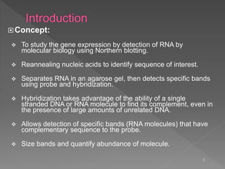 Concept:
 To study the gene expression by detection of RNA by
molecular biology using Northern blotting.
 Reannealing nucleic acids to identify sequence of interest.
 Separates RNA in an agarose gel, then detects specific bands
using probe and hybridization.
 Hybridization takes advantage of the ability of a single
stranded DNA or RNA molecule to find its complement, even in
the presence of large amounts of unrelated DNA.
 Allows detection of specific bands (RNA molecules) that have
complementary sequence to the probe.
 Size bands and quantify abundance of molecule.
3
 