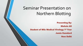 Seminar Presentation on
Northern Blotting
Presenting By:
Mohsin Ali
Student of MSc Medical Virology 1st Year
Jamia Hamdard
New Delhi
 