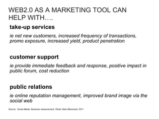 WEB2.0 AS A MARKETING TOOL CAN
HELP WITH….
take-up services
ie net new customers, increased frequency of transactions,
promo exposure, increased yield, product penetration
customer support
ie provide immediate feedback and response, positive impact in
public forum, cost reduction
public relations
ie online reputation management, improved brand image via the
social web
Source: Social Media: Business measurement, Olivier Alain Blanchard, 2011
 