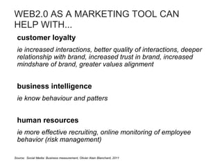 WEB2.0 AS A MARKETING TOOL CAN
HELP WITH...
customer loyalty
ie increased interactions, better quality of interactions, deeper
relationship with brand, increased trust in brand, increased
mindshare of brand, greater values alignment
business intelligence
ie know behaviour and patters
human resources
ie more effective recruiting, online monitoring of employee
behavior (risk management)
Source: Social Media: Business measurement, Olivier Alain Blanchard, 2011
 