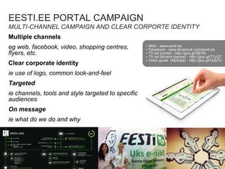 EESTI.EE PORTAL CAMPAIGN
MULTI-CHANNEL CAMPAIGN AND CLEAR CORPORTE IDENTITY
Multiple channels
eg web, facebook, video, shopping centres,
flyers, etc.
Clear corporate identity
ie use of logo, common look-and-feel
Targeted
ie channels, tools and style targeted to specific
audiences
On message
ie what do we do and why
• Web - www.eesti.ee
• Facebook - www.facebook.com/eesti.ee
• TV ad (portal) - http://goo.gl/3B76v
• TV ad (drivers licence) - http://goo.gl/T7yQT
• Video guide (MyData) - http://goo.gl/OzB7U
 