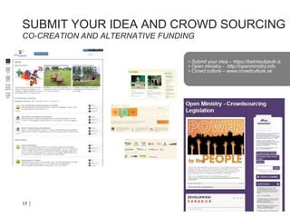 SUBMIT YOUR IDEA AND CROWD SOURCING
CO-CREATION AND ALTERNATIVE FUNDING
maj 2014
17
• Submit your idea – https://betrireykjavik.is
• Open ministry - http://openministry.info
• Crowd culture – www.crowdculture.se
 