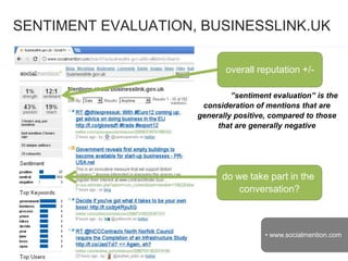 SENTIMENT EVALUATION, BUSINESSLINK.UK
• www.socialmention.com
”sentiment evaluation” is the
consideration of mentions that are
generally positive, compared to those
that are generally negative
overall reputation +/-
do we take part in the
conversation?
 